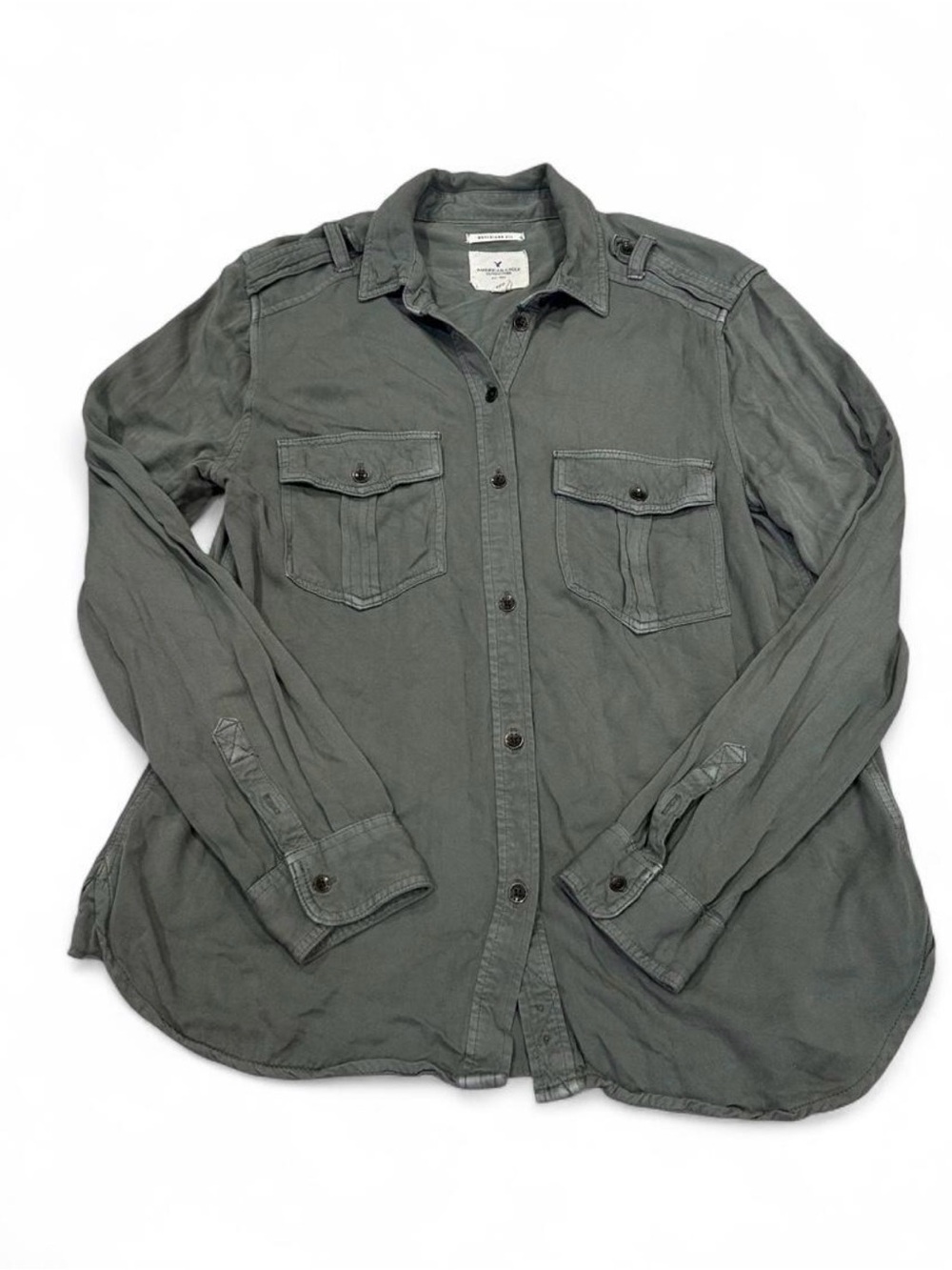 American Eagle Boyfriend Fit Olive Green Utility Button Down Shirt Women’s Small